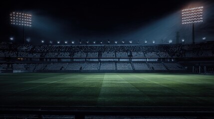 Empty soccer stadium under dramatic evening lights, capturing a championship ambiance.