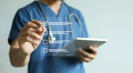 close up young general practitioner hand use stylus pen to check box on medical chekclist or opd record to read and diagnose and assess about patient's symptom for healthy and lifestyle concept