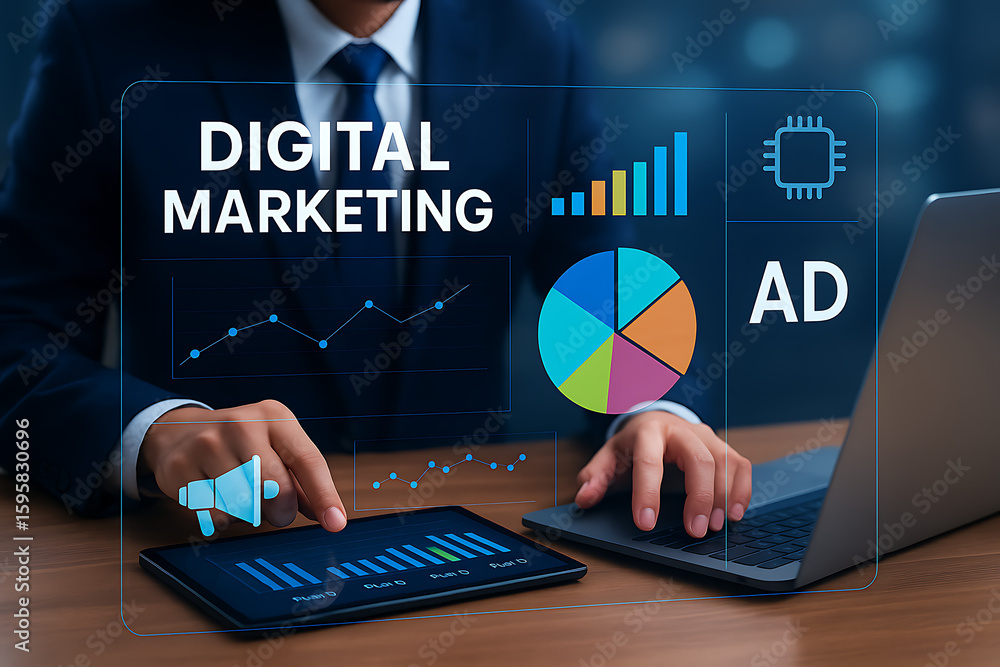 Poster businessman analyzing digital marketing strategy using graphs charts ads and statistics on tablet an