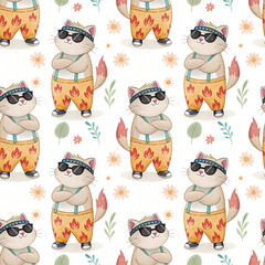 seamless watercolor pattern cat on white background