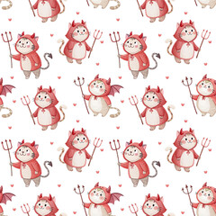 seamless watercolor pattern cat halloween concept on white background