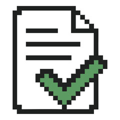 Obraz premium Pixel Art Document: Approved Checklist Icon - Green Checkmark