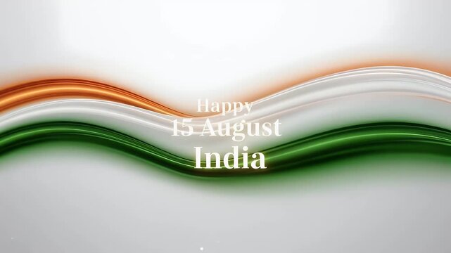 Cinematic glowing text Happy 15 August India with abstract tricolor wave animation