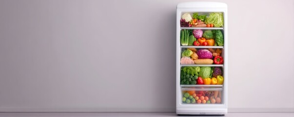 A well-organized refrigerator filled with fresh vegetables and fruits against a plain wall background.