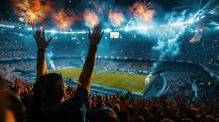 Nighttime Sports Event Celebration A Thrilled Crowd and Fireworks in an Arena