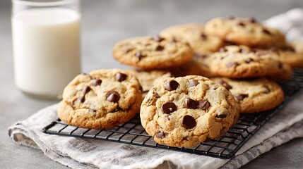 Chocolate chip cookies freshly baked cooling on a wire rack with milk on the side