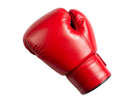 A - Single Red Boxing Glove Lying Flat on White, Top View Composition.