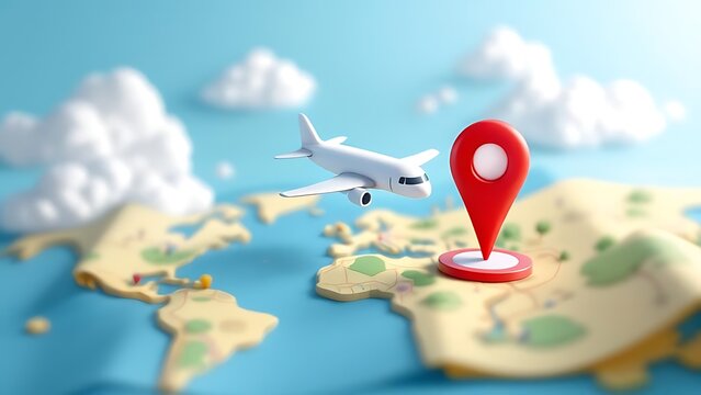 3D illustration of an airplane with map and red location pin. Ideal for travel ads, airline promotions, booking platforms, and tourism content - Powered by Adobe