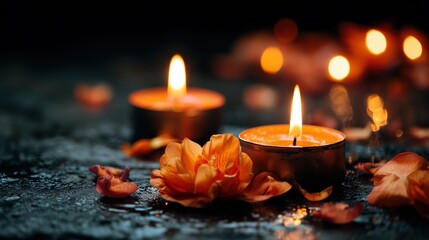Orange Candles And Rose Petals On A Dark Wet Surface