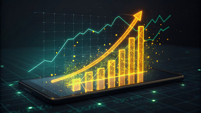 Glowing golden bar chart and upward trend line illustrating financial growth on a smartphone screen