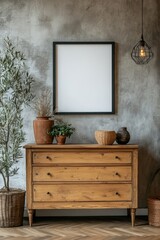 Wooden cabinet and dresser placed against a concrete wall with a blank mock-up poster frame offering copy space. Loft home interior design for a modern living room, Generative AI