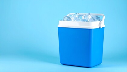 Blue cooler with open white lid revealing ice cubes on light blue background