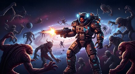 Astronaut in a pixelated mech suit fighting off space creatures in a distant galaxy

