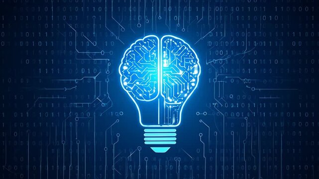 Digital Brainstorm: Lightbulb Brain Circuitry on Binary Code Background
