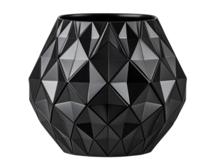 Modern matte black geometric vase with angular facets isolated on transparent background PNG