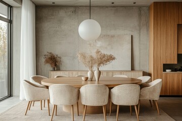 Beige chairs arranged at a large round dining table. Minimalist Japandi home interior design for a modern dining room, Generative AI