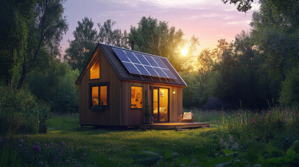 Tiny home with rooftop solar panels, self-sustaining off-grid lifestyle, high-resolution minimalistic eco-living shot —ar 16:9 