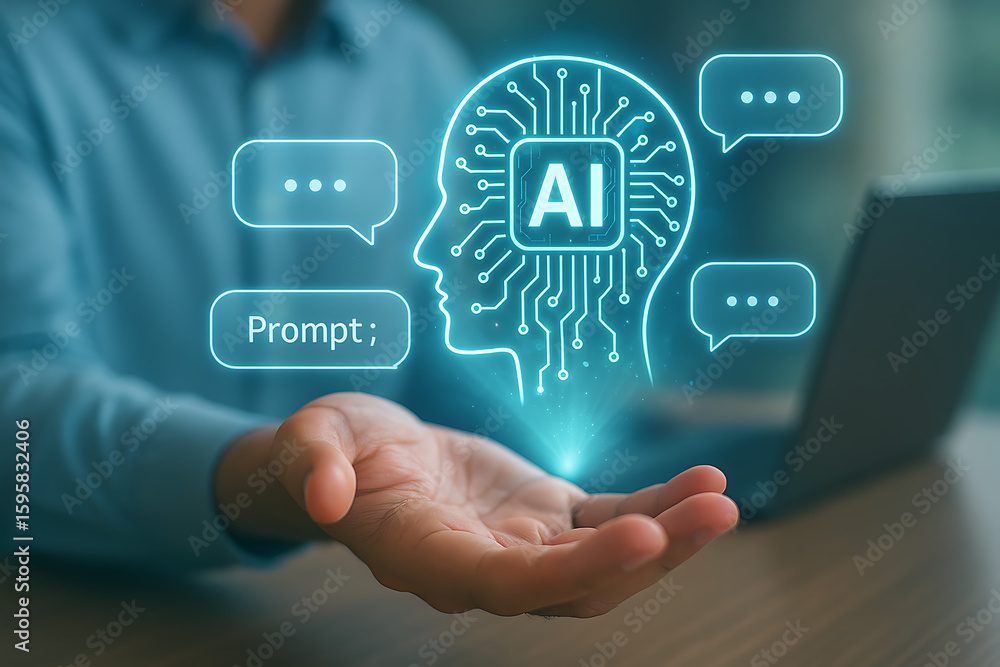 Poster open hand holding glowing ai brain with chatbot prompts and speech bubbles on futuristic tech screen