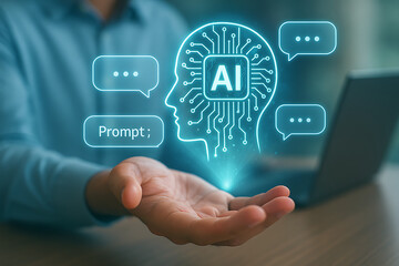 Open hand holding glowing ai brain with chatbot prompts and speech bubbles on futuristic tech screen representing artificial intelligence technology and prompt engineering interface
