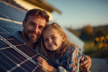 Father and daughter catching sunlight on solar panels in their backyard, charging their electric vehicle and promoting sustainable energy practices, Generative AI