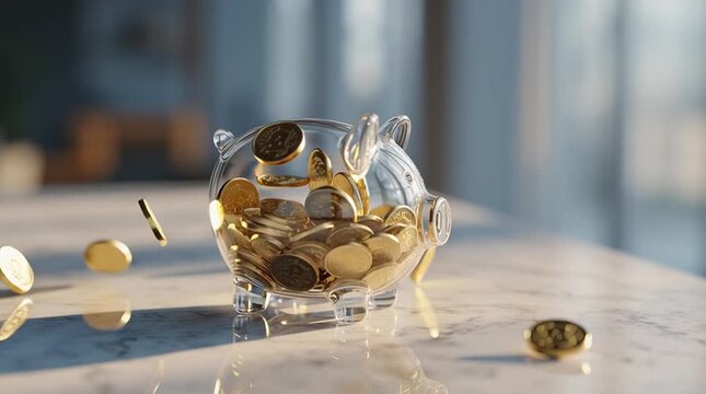 Coin Insertion Into Clear Piggy Bank Shows Savings, Financial Growth, and Investment Concepts in Bright Indoor Setting