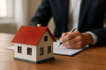 Miniature house model with red roof on office table and businessman signing contract in background representing real estate investment property insurance and home loan agreement