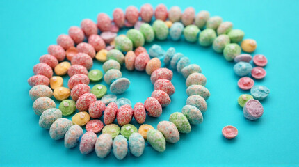 Obraz premium Vibrant pastel candies arranged in a spiral pattern on a bright turquoise background