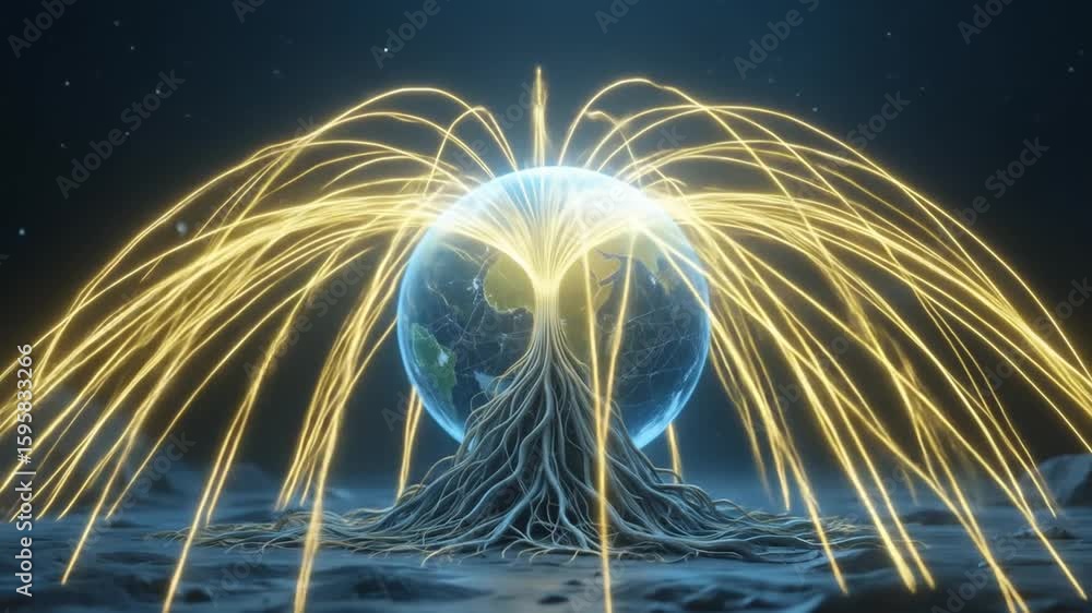 Poster earth with roots of a tree and luminous lines connecting it, surreal and futuristic