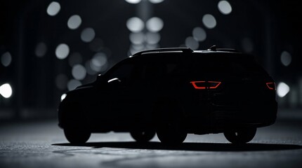 A chiaroscuro image of an SUV, lacking logos or branding, with sharp subject focus against a blurred bokeh background, featuring strong contrasts and deep shadows