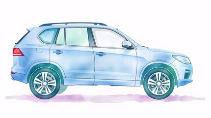  A delicate watercolor painting of an SUV, free of logos or branding, using cool colors like blues, greens, and purples. Translucent washes and fluid brushstrokes define the image