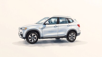A delicate watercolor painting of an SUV, without logos or branding, featuring strong, hard light creating direct, harsh shadows, translucent washes, and fluid brushstrokes