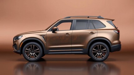 A digital image of an SUV, without logos or branding, rendered with a smooth gradient transition across a cast bronze surface, featuring a seamless color blend and antique patina finish