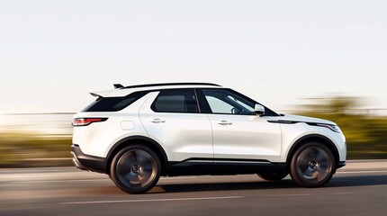 A modern flat design SUV in dynamic motion, blurred lines and action poses conveying speed, simple two-dimensional shapes