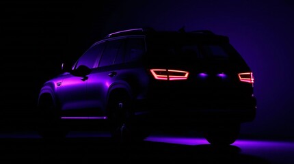 A silhouetted SUV, backlit with deep ultraviolet hues, showcasing vivid purples and high contrast, with the light source positioned behind the subject, free of logos and branding