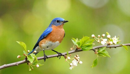 Obraz premium Colorful bird with blue head and orange chest perched on flowered branch in green blurred background