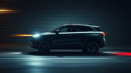 Modern flat design SUV in dynamic motion. Intense dramatic lighting, blurred lines, simple two-dimensional shapes, high contrast, creating tension