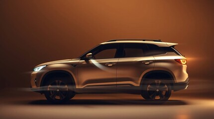 Natural earth tones in a creative light art depiction of an SUV, no logo or brand, featuring artistic lighting, abstract patterns, and muted browns and beiges