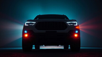 Low-angle perspective of a bioluminescent SUV, no logo or brand, glowing with natural light effects, vibrant glow, and a dramatic upward view