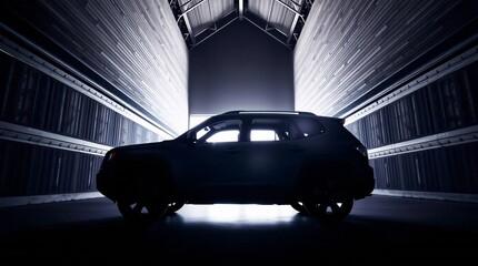 High-angle perspective, architectural color photograph of an SUV, no logo or brand, sharp lines, detailed structures, wide angles, silhouetted against a bright light source from behind