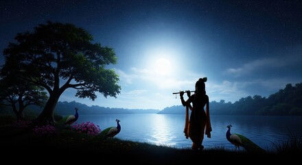 Silhouette of Lord Krishna Playing Flute – Night Sky Krishna Wallpaper HD