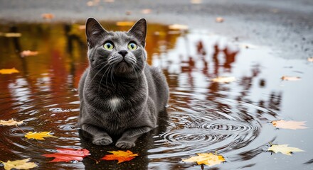 Gray cat sitting in puddle autumn leaves