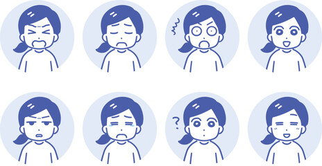 若い女性のいろんな表情の丸いアイコンのセット(線画・上半身)