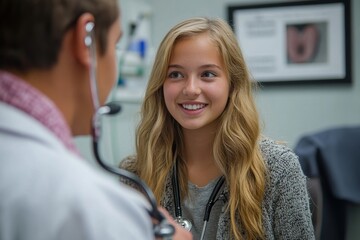 Doctor examining a teenage girl and measuring her  pressure using a clinical pressure monitor, emphasizing the importance of preventive health care for teenagers, Generative AI