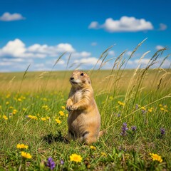 Prairie dog standing in wildflower meadow