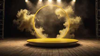 Obraz premium A yellow two level circular platform with a cloud or smoke effect that fills the background and the upper part of the stage. The composition creates a sense of presentation or show
