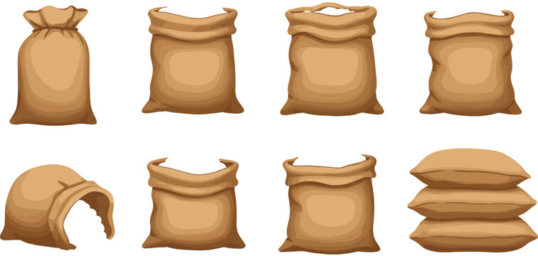 Brown burlap sacks collection, empty and filled bags, stacked and open sacks, storage bags, rustic bags, packaging, farming sacks, textile bags, vintage sack designs