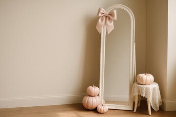 coquette halloween mirror setup with pumpkins and lace stool in romantic room, left side left empty for text, concept of editorial layout, pastel branding, feminine seasonal visual