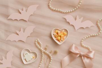 flat lay with pink bats, candy corn and heart dish on tulle in coquette halloween style, delicate overhead composition, concept of party decor, visual content, feminine branding