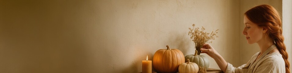 woman decorating with pumpkins and dried flowers in natural interior with candlelight, left side empty for text, warm autumn light and soft shadows, concept of seasonal banner, lifestyle branding, eco