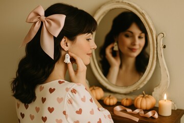 woman wearing ghost earrings with pink bow posing at vintage mirror with halloween pumpkins and ribbons in coquette style, concept of beauty content, lifestyle editorial, seasonal home